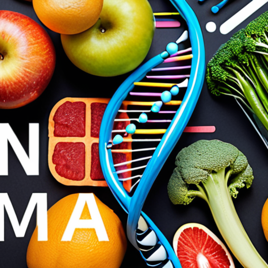 **

A vibrant, futuristic DNA strand intertwining with healthy food options (fruits, vegetables) and exercise equipment. The background features a medical lab with AI interfaces analyzing genetic data. Emphasize personalized nutrition and fitness plans tailored to an individual's genetic makeup. Concept: Precision medicine empowering healthy lifestyle choices.

**