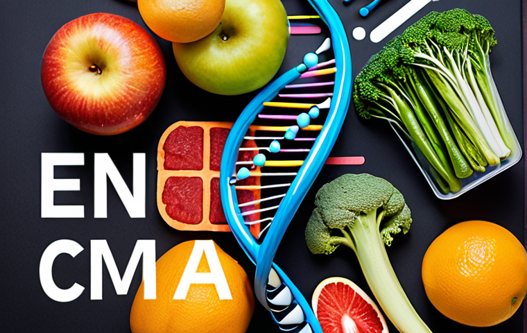 **
A vibrant, futuristic DNA strand intertwining with healthy food options (fruits, vegetables) and exercise equipment. The background features a medical lab with AI interfaces analyzing genetic data. Emphasize personalized nutrition and fitness plans tailored to an individual's genetic makeup. Concept: Precision medicine empowering healthy lifestyle choices.
**