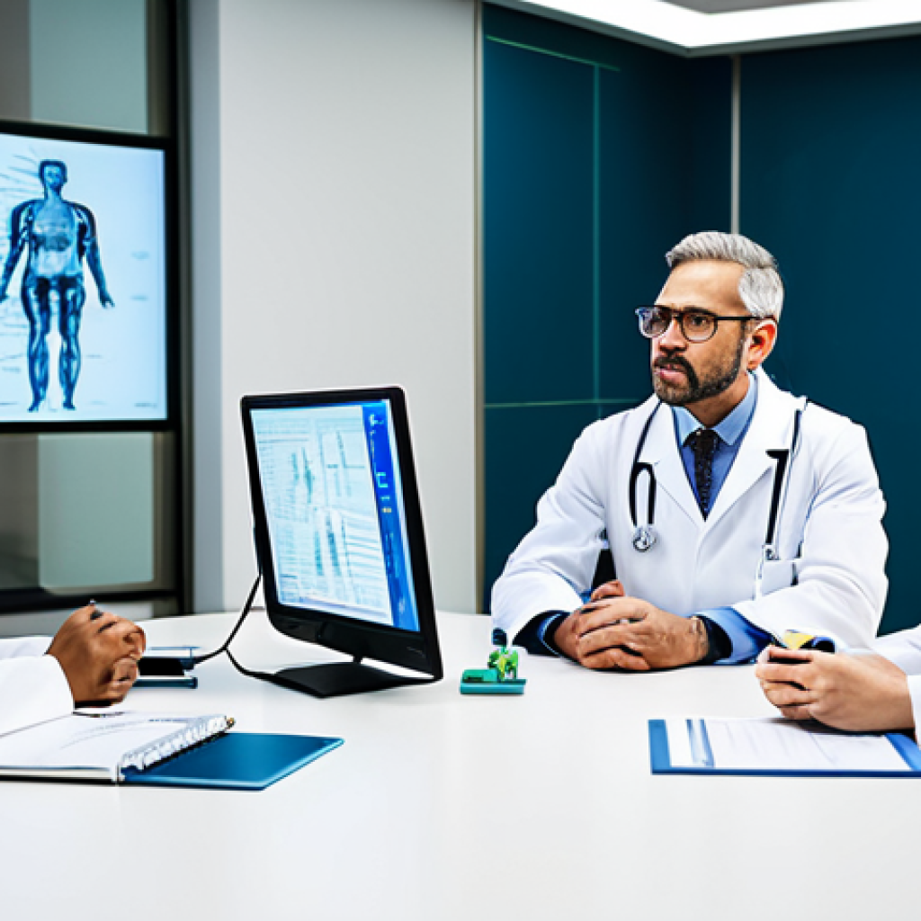 Precision Medicine Discussion**

"A diverse group of healthcare professionals (doctors, researchers) in a brightly lit, modern conference room, fully clothed in professional attire, discussing patient data displayed on large screens; safe for work, appropriate content, perfect anatomy, natural proportions, professional, high quality, modest."

**