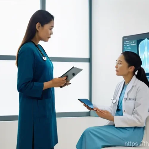 Home 28 정밀 의학의 투명성 및 신뢰성 확보 방안 - **Image Prompt: Personalized Health Dialogue with Secure Data Visualization**
A warm, brightly l...