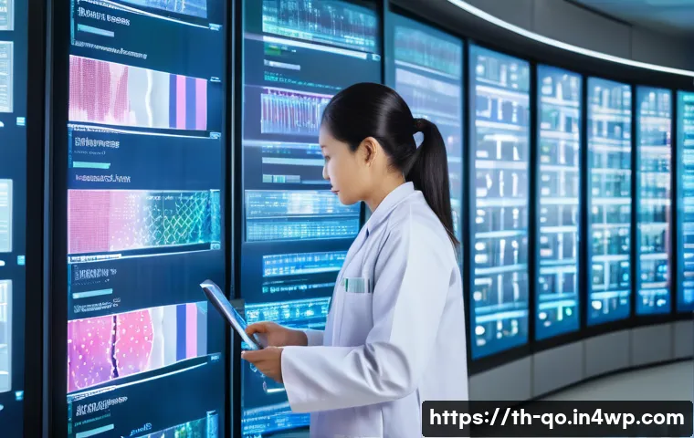 정밀 의학의 미래 기술 전망 - A modern Thai hospital laboratory scene showing a female geneticist in professional attire analyzing...