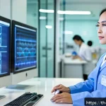 Home 19 정밀 의학의 대중 교육 필요성 - A modern Thai hospital laboratory scene showcasing a female geneticist in professional attire analyz...