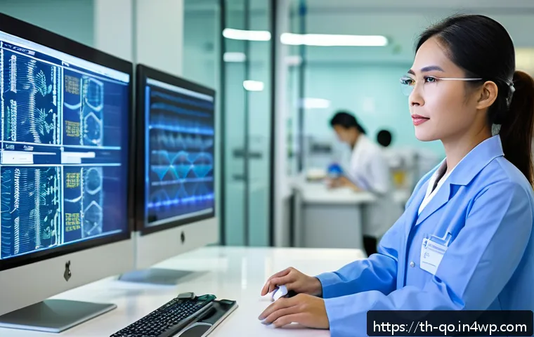 정밀 의학의 대중 교육 필요성 - A modern Thai hospital laboratory scene showcasing a female geneticist in professional attire analyz...