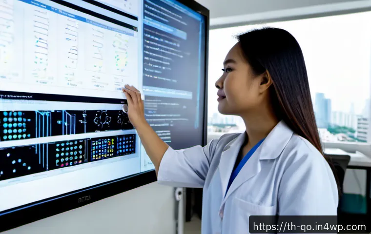 Home 30 정밀 의학에서의 데이터 마이닝 기술 - Photorealistic precision medicine data mining scene in a modern Bangkok hospital research center, Th...