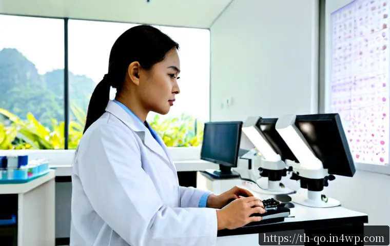 Home 29 정밀 의학의 시스템 생물학적 접근 - Photorealistic precision medicine research laboratory in Bangkok, Thai female scientist in a clean w...
